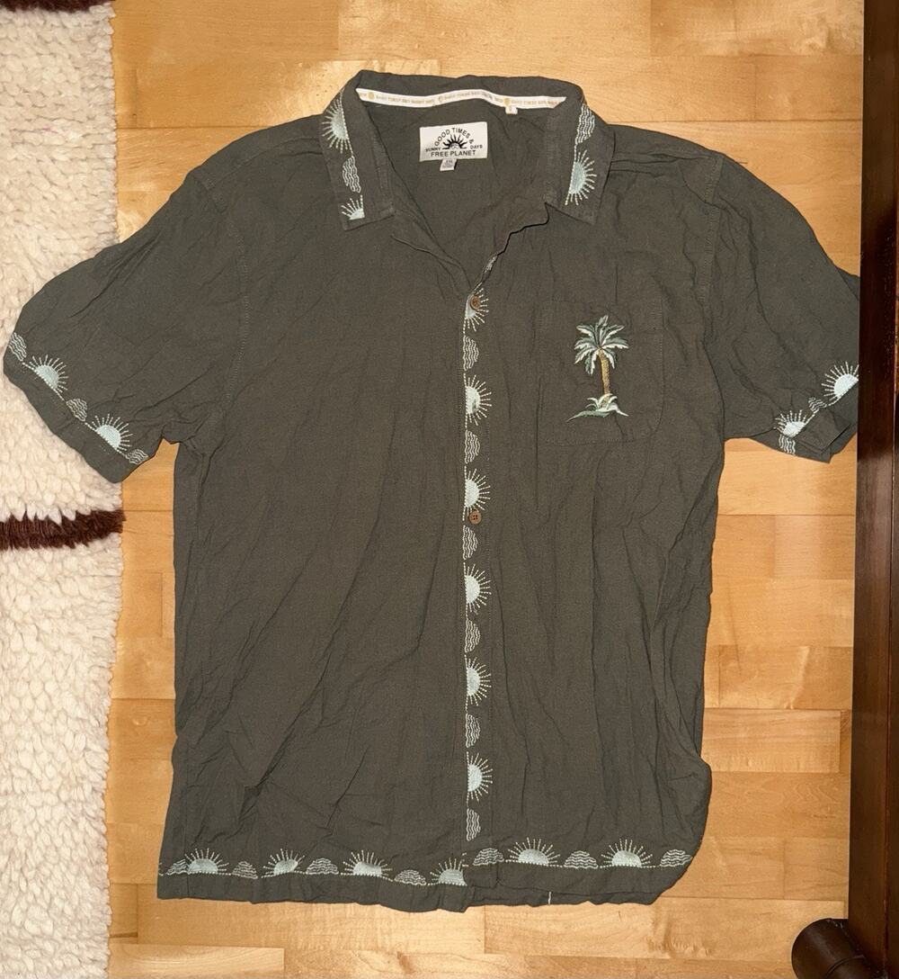 Free Planet Green Short Sleeve Button Down Palm Tree Tropical Embroidery XXL 2XL